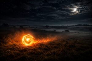A esfera de fogo na noite misteriosa.