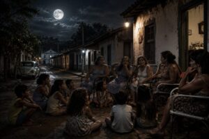 Cadeiras nas calçadas e mulheres contando histórias de terror.